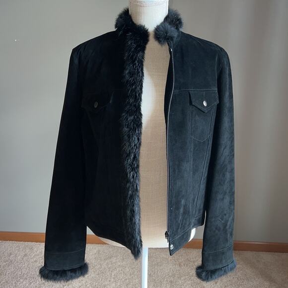 Yvonne Le Marie Black Suede Leather Jacket with Rabbit Fur Trim. Size 12 - Picture 7 of 13